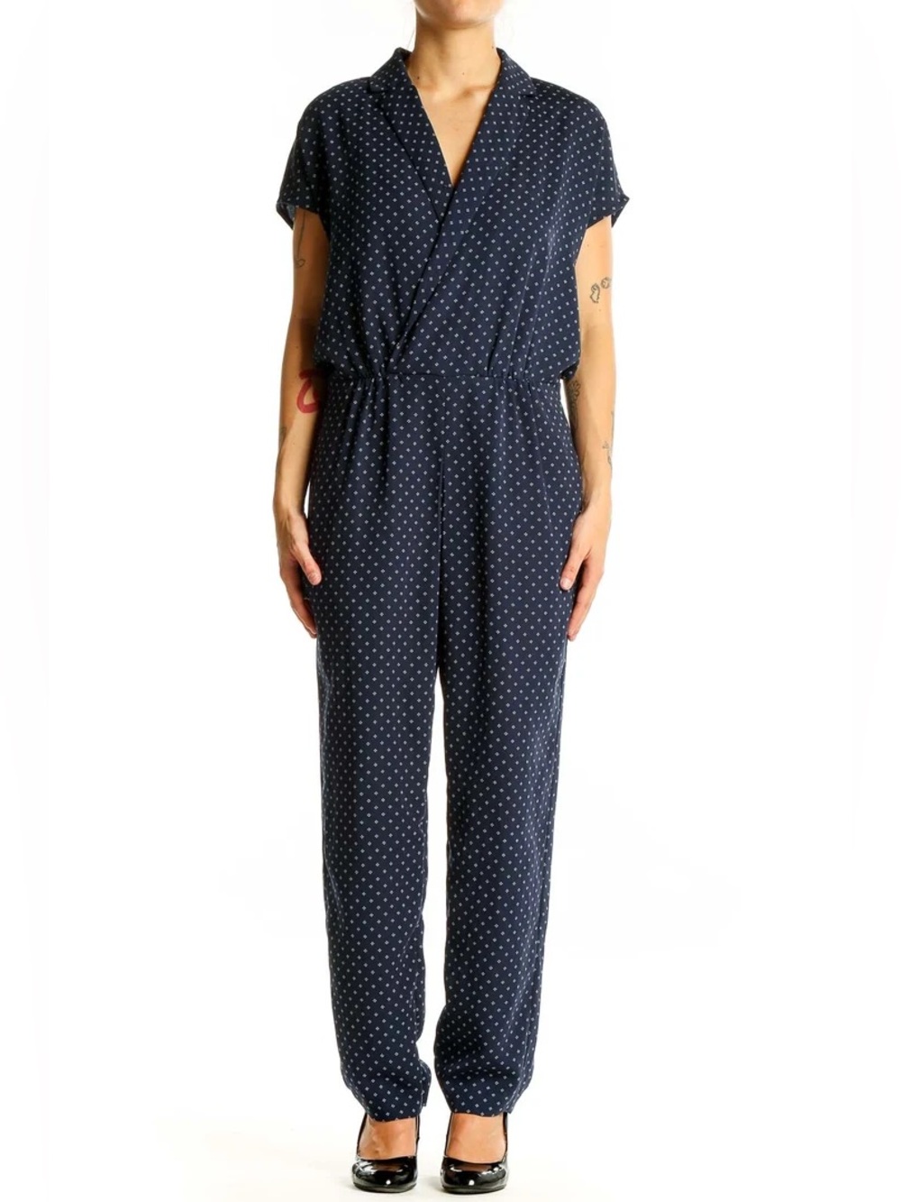 J.Crew Navy Blue Diamond Print Wrap Front Jumpsuit Elastic Waist Sz 12